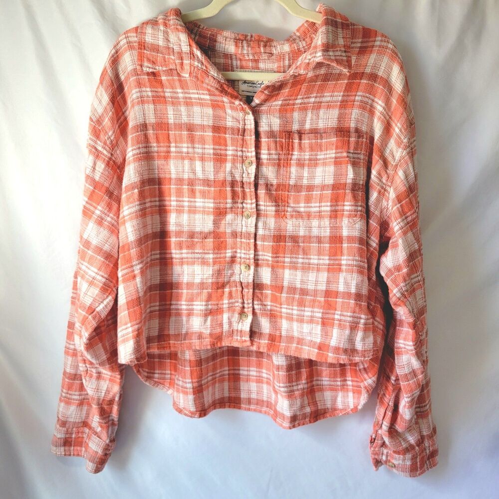 American Eagle Flannel Plaid Top Shirt Cropped Distressed Button Orange Fall XL